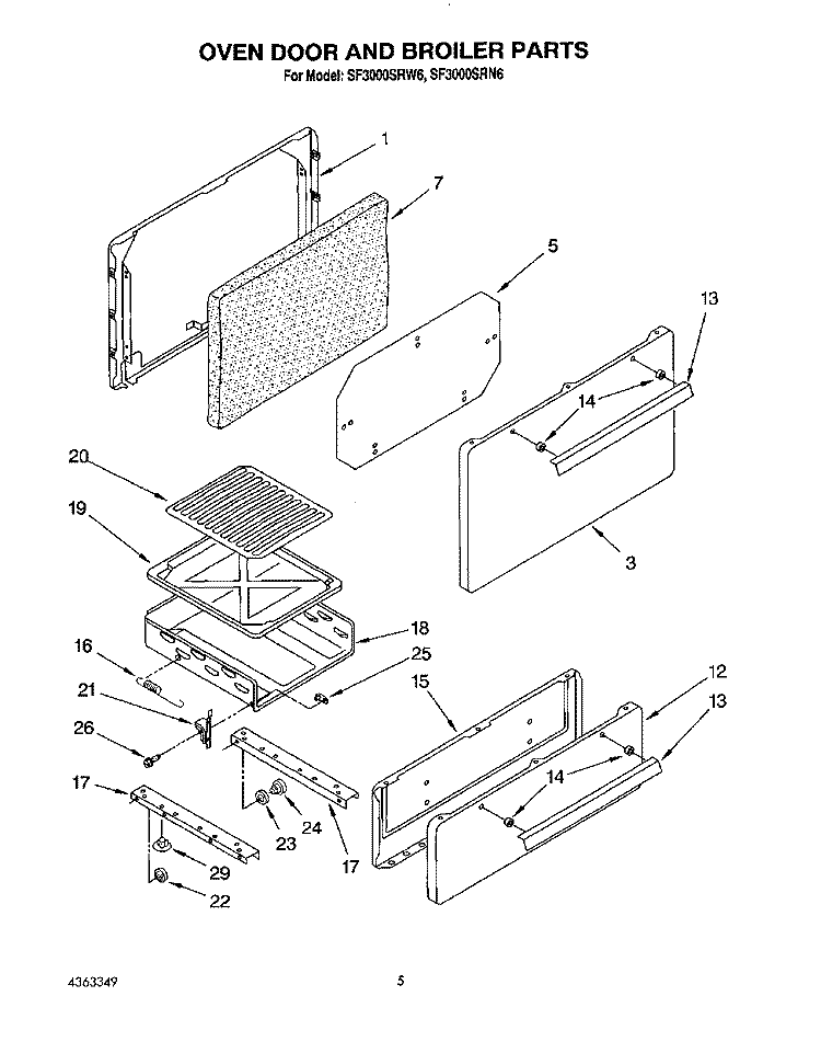 OVEN DOOR AND BROILER Diagram and Parts List for SF3000SRN6  Whirlpool Range