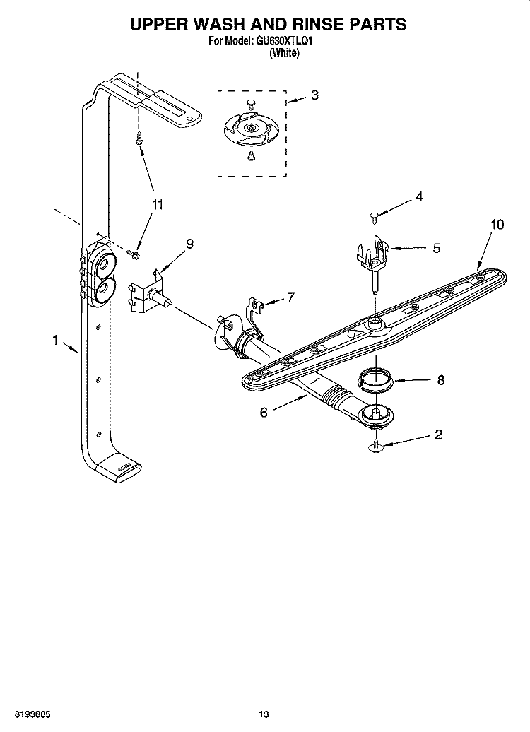 UPPER WASH AND RINSE PARTS Diagram and Parts List for GU630XTLQ1  Whirlpool Dishwasher