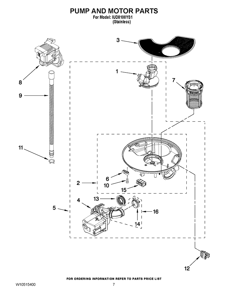 PUMP AND MOTOR PARTS Diagram and Parts List for IUD8100YS1  Whirlpool Dishwasher