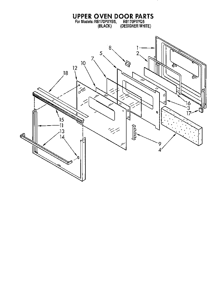 UPPER OVEN DOOR Diagram and Parts List for RB170PXYQ5  Whirlpool Wall Oven