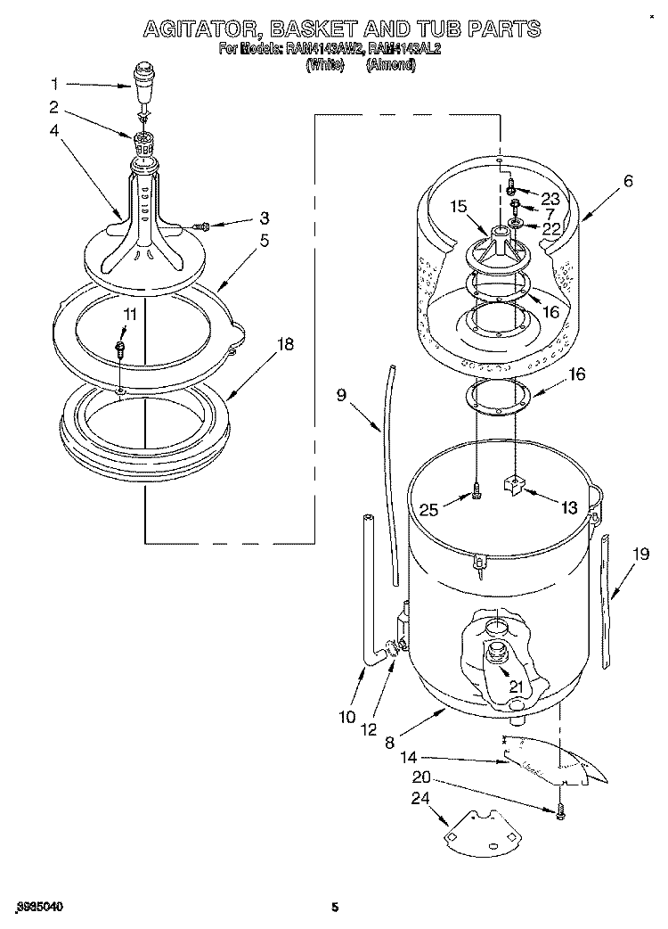 AGITATOR, BASKET AND TUB Diagram and Parts List for RAM4143AL2  Whirlpool Washer