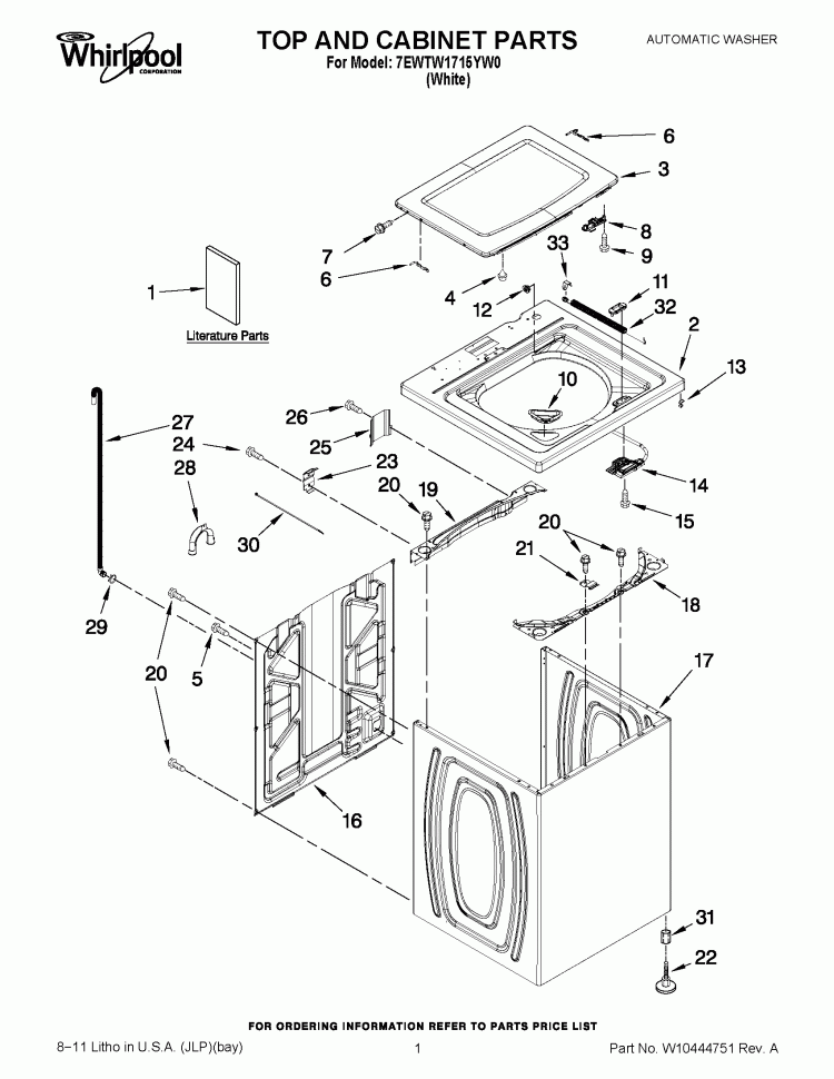 TOP AND CABINET PARTS Diagram and Parts List for 7EWTW1715YW0  Whirlpool Washer