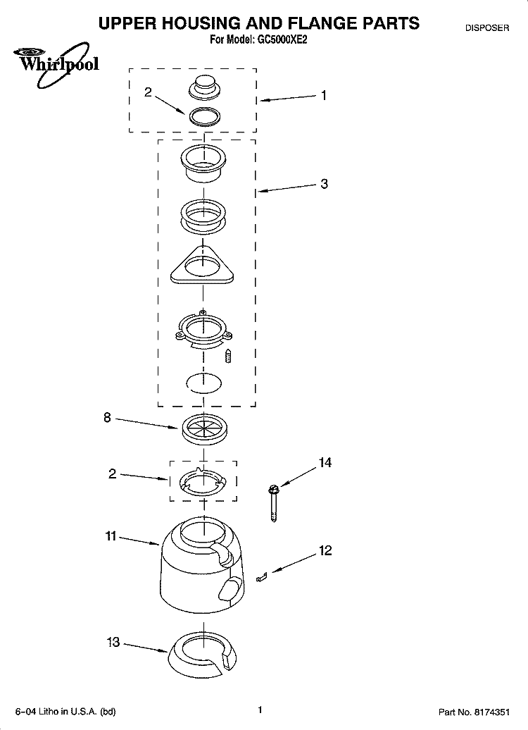 UPPER HOUSING AND FLANGE PARTS Diagram and Parts List for GC5000XE2  Whirlpool Food Waste Disposer