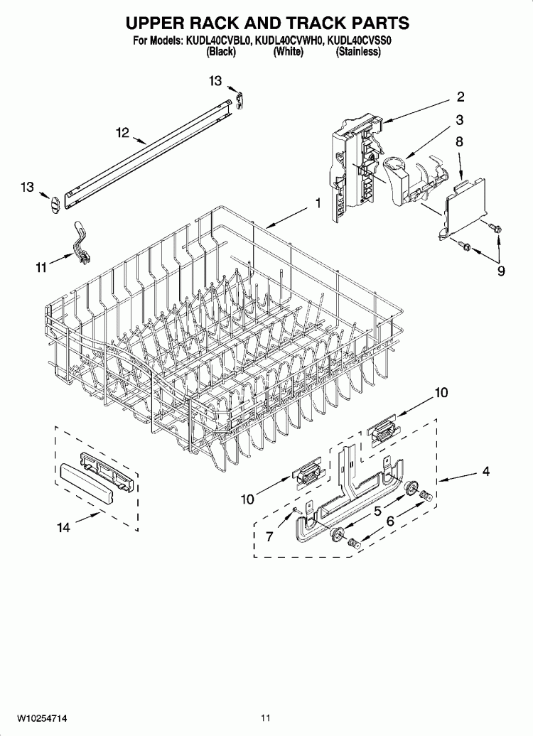 UPPER RACK AND TRACK PARTS Diagram and Parts List for KUDL40CVSS0  KitchenAid Dishwasher