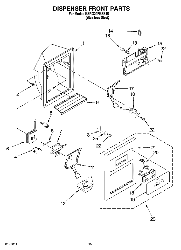 DISPENSER FRONT PARTS Diagram and Parts List for KSRG22FKSS15  KitchenAid Refrigerator