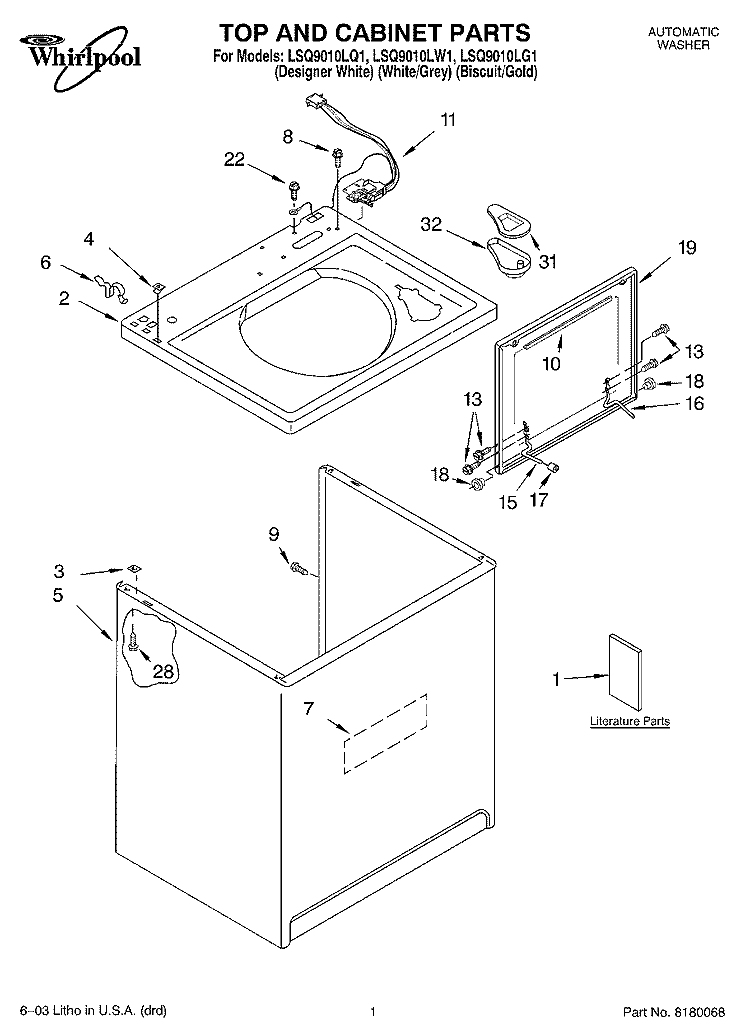 TOP AND CABINET PARTS Diagram and Parts List for LSQ9010LG1  Whirlpool Washer