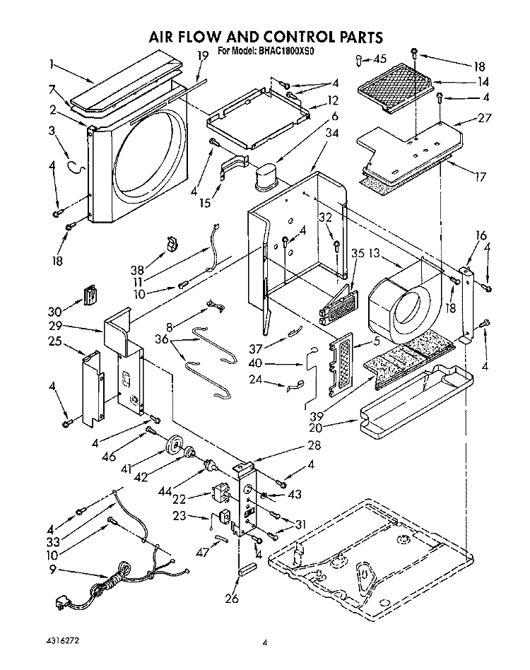 AIR FLOW AND CONTROL Diagram and Parts List for BHAC1800XS0  Whirlpool Air Conditioner