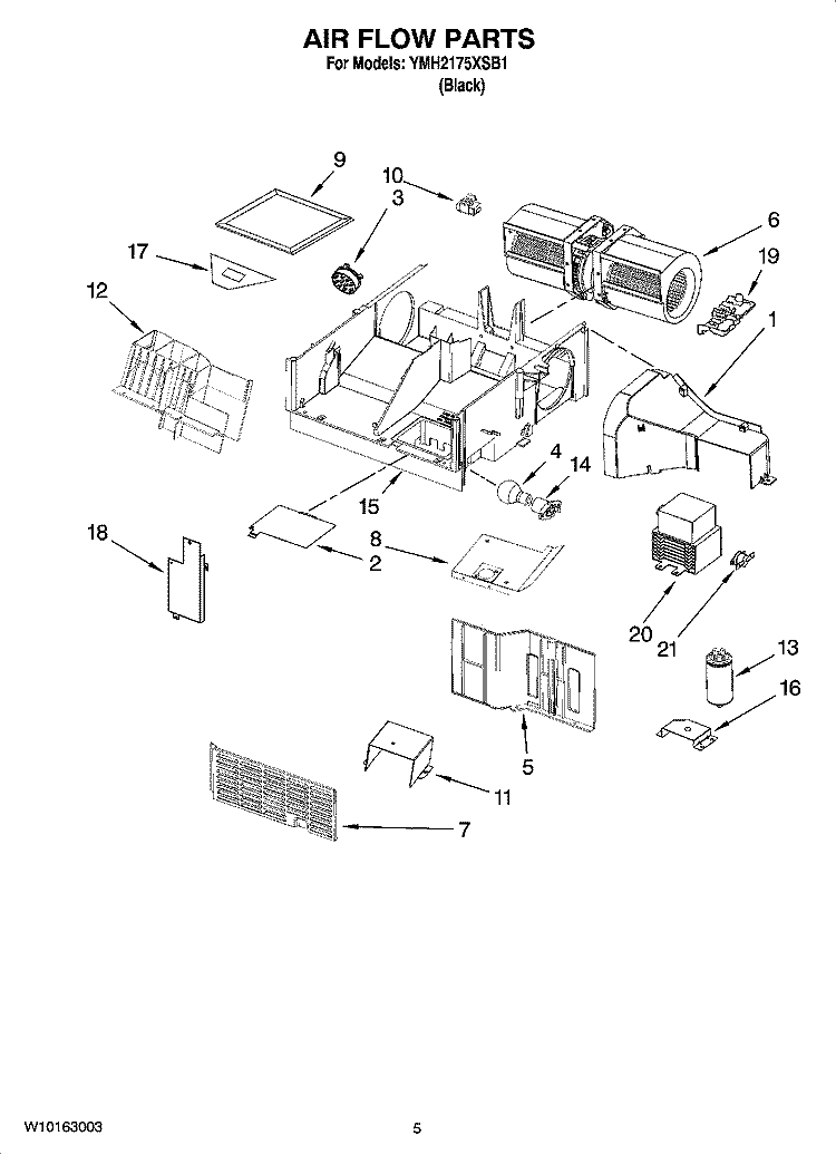 AIR FLOW PARTS Diagram and Parts List for YMH2175XSB1  Whirlpool Microwave