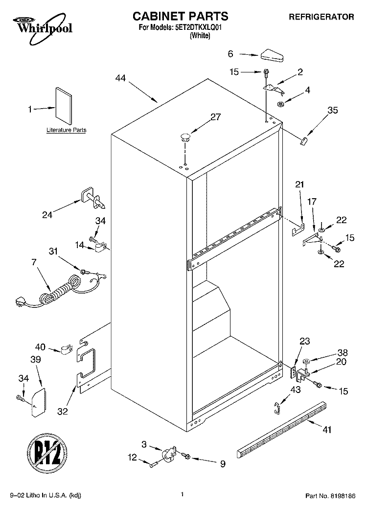 CABINET, LITERATURE Diagram and Parts List for 5ET2DTKXLQ01  Whirlpool Refrigerator