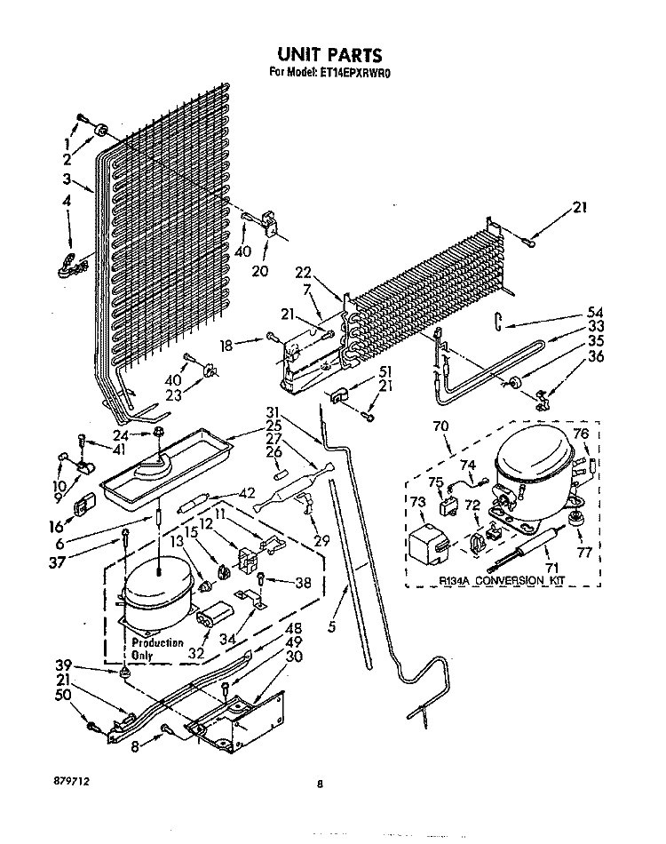 UNIT Diagram and Parts List for ET14EPXRWR0  Whirlpool Refrigerator