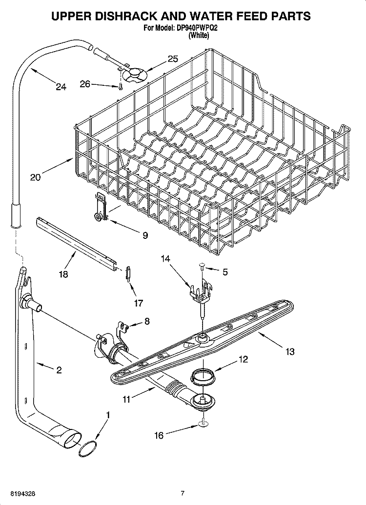 UPPER DISHRACK AND WATER FEED PARTS Diagram and Parts List for DP940PWPQ2  Whirlpool Dishwasher