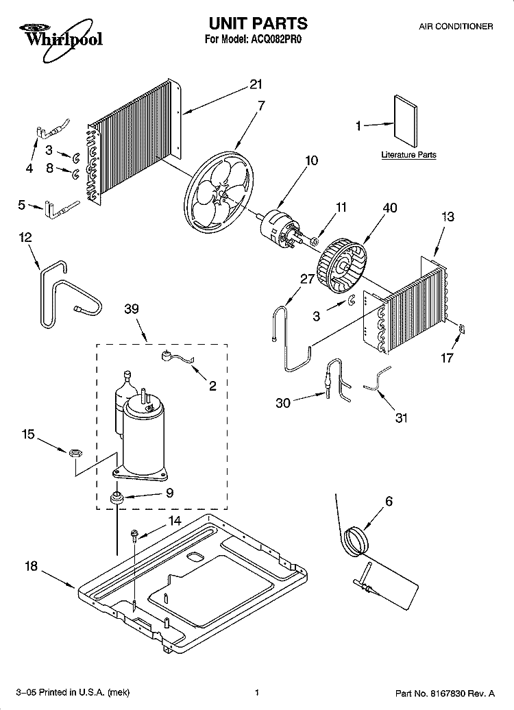 UNIT PARTS Diagram and Parts List for ACQ082PR0  Whirlpool Air Conditioner