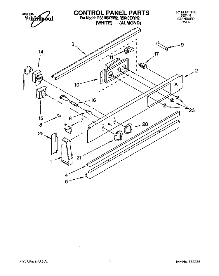 CONTROL PANEL Diagram and Parts List for RS6105XYW2  Whirlpool Range
