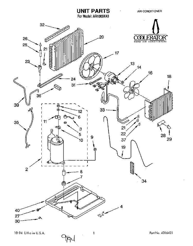 UNIT, LITERATURE Diagram and Parts List for AR1000XA0  Whirlpool Air Conditioner
