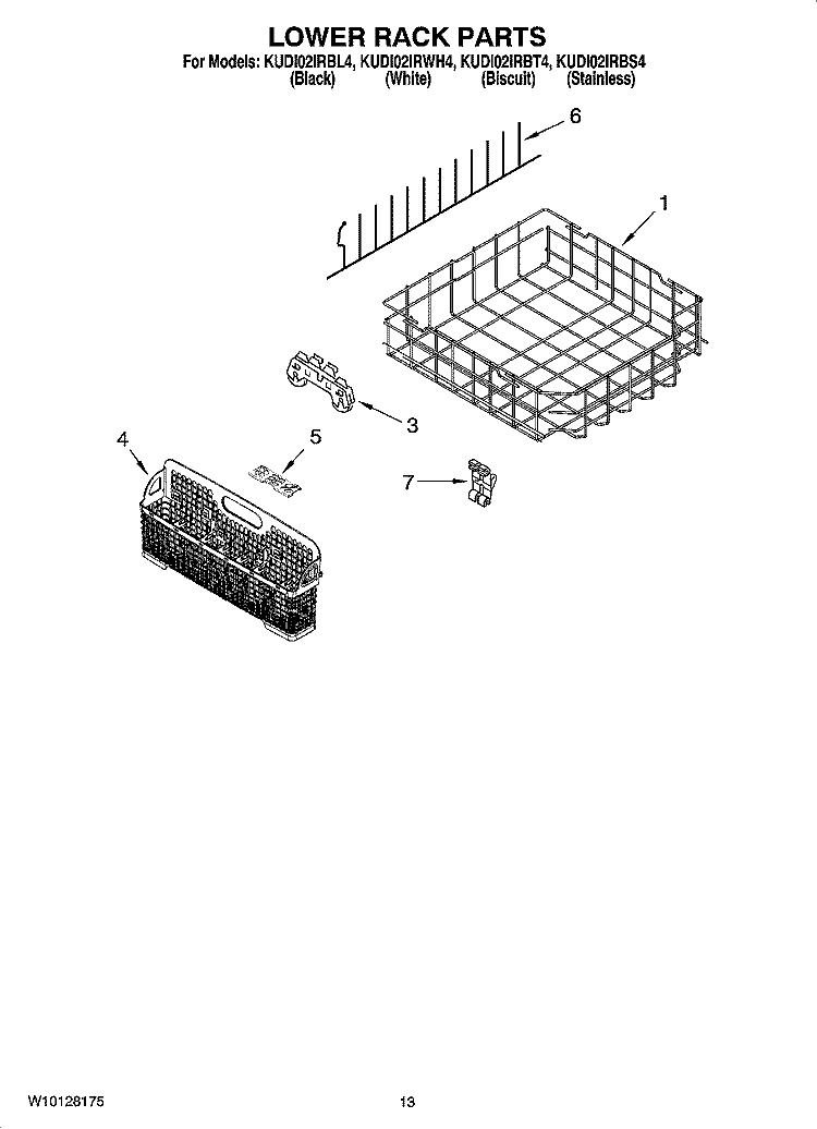 LOWER RACK PARTS, OPTIONAL PARTS (NOT INCLUDED) Diagram and Parts List for KUDI02IRWH4  KitchenAid Dishwasher