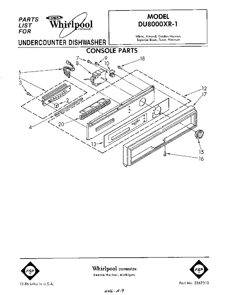 CONSOLE Diagram and Parts List for DU8000XR1  Whirlpool Dishwasher