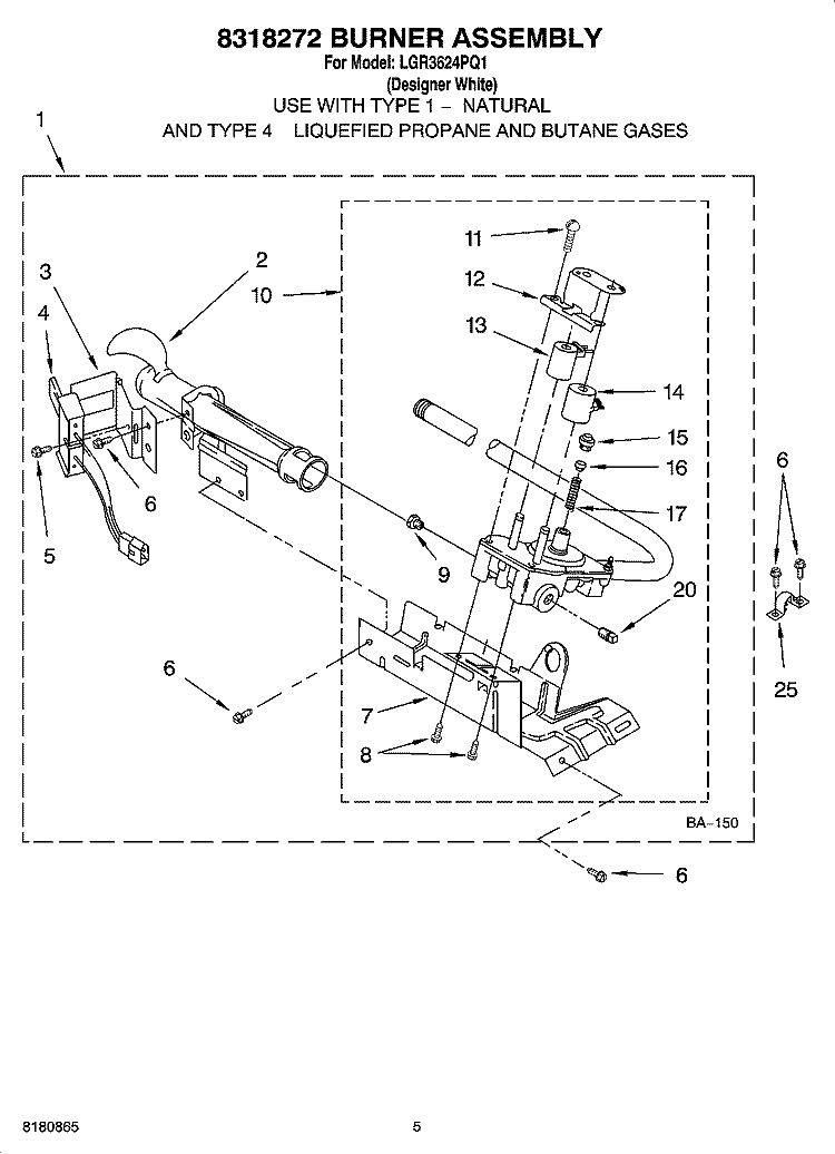 8318272 BURNER ASSEMBLY Diagram and Parts List for LGR3624PQ1  Whirlpool Dryer