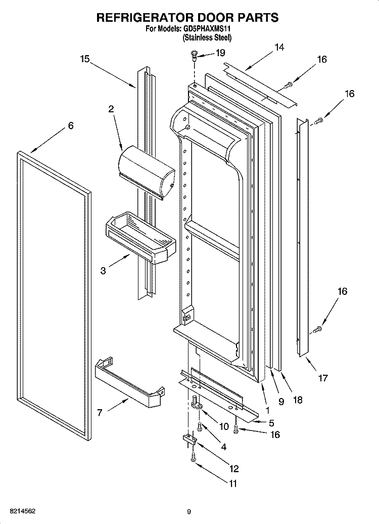 REFRIGERATOR DOOR PARTS Diagram and Parts List for GD5PHAXMS11  Whirlpool Refrigerator