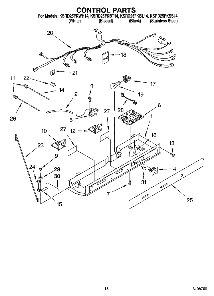 CONTROL PARTS Diagram and Parts List for KSRD25FKBL14  KitchenAid Refrigerator