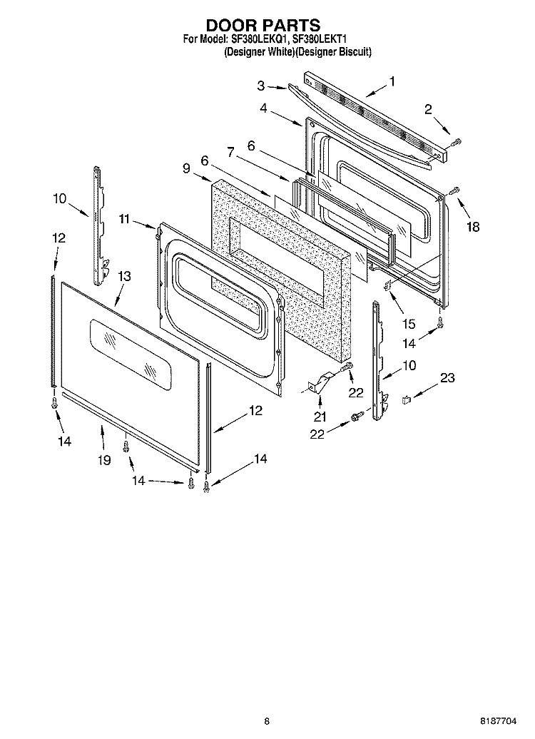 DOOR PARTS, MISCELLANEOUS PARTS Diagram and Parts List for SF380LEKQ1  Whirlpool Range