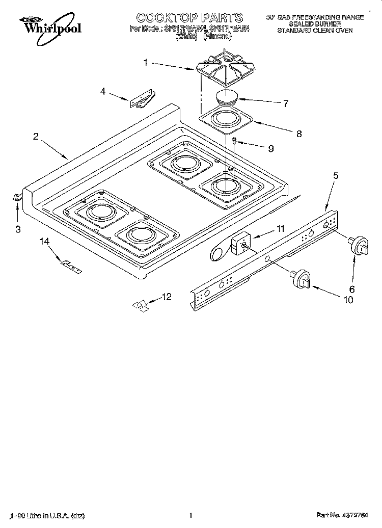 COOKTOP, LITERATURE Diagram and Parts List for SF317PEAN4  Whirlpool Range