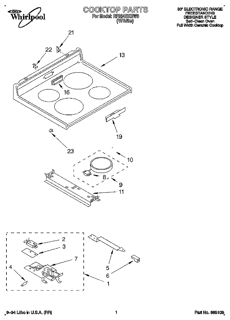 COOKTOP, LITERATURE Diagram and Parts List for RF354BXBW0  Whirlpool Range