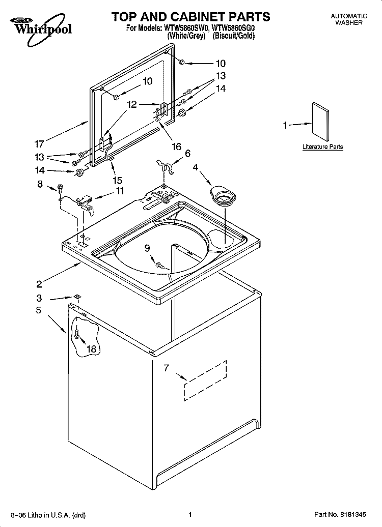 TOP AND CABINET PARTS Diagram and Parts List for WTW5860SG0  Whirlpool Washer