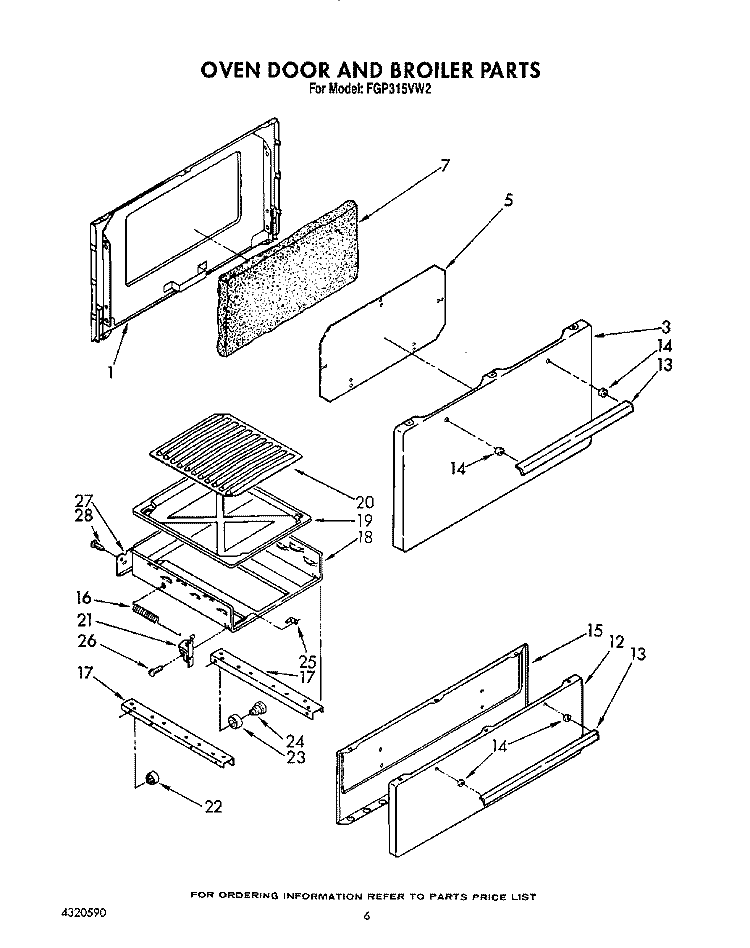 OVEN DOOR AND BROILER Diagram and Parts List for FGP315VW2  Roper Range