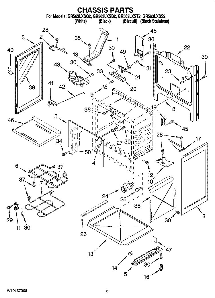 CHASSIS PARTS Diagram and Parts List for GR563LXSB2  Whirlpool Range