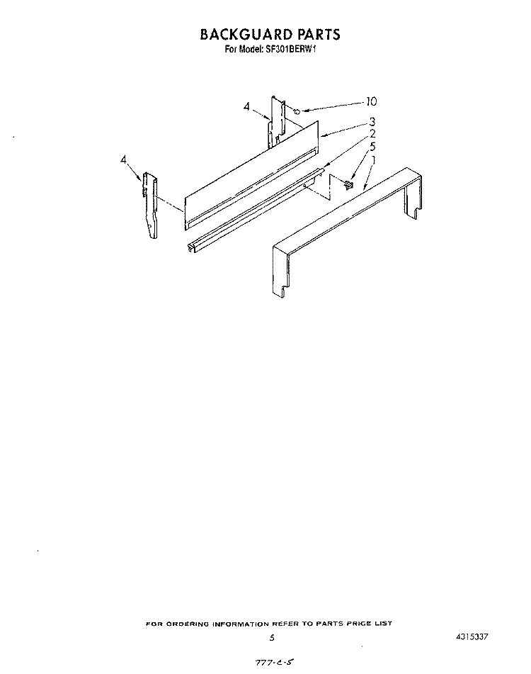 BACKGUARD Diagram and Parts List for SF301BERW1  Whirlpool Range