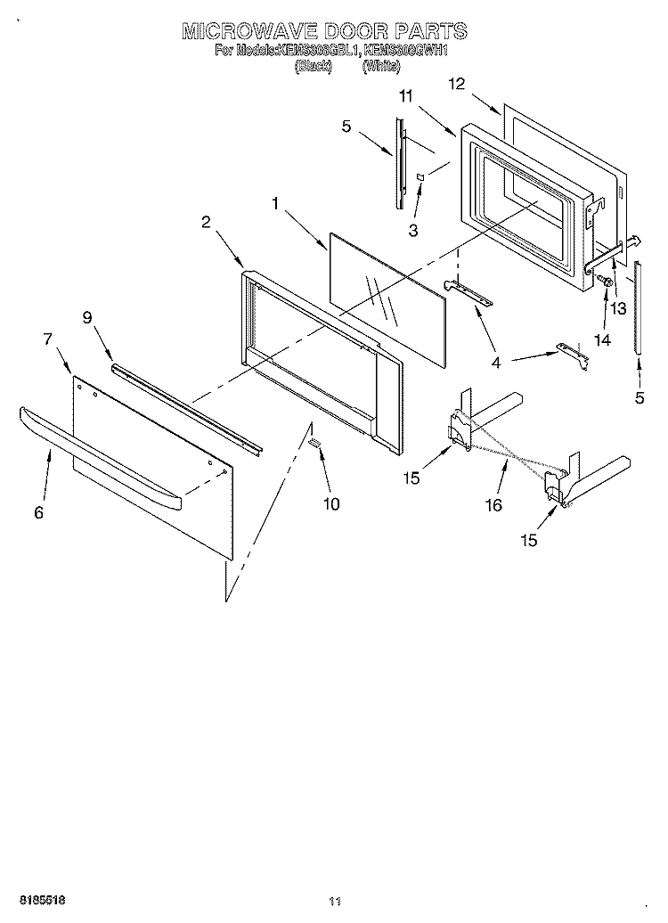 MICROWAVE DOOR Diagram and Parts List for KEMS308GWH1  KitchenAid Microwave Oven Combo
