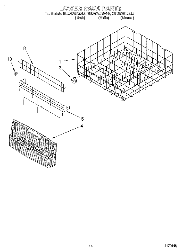 LOWER RACK Diagram and Parts List for KUDM24SEWH3  KitchenAid Dishwasher