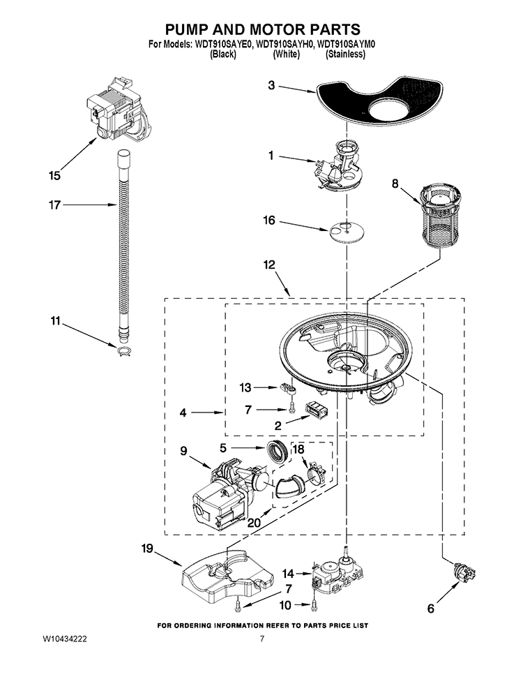 PUMP AND MOTOR PARTS Diagram and Parts List for WDT910SAYE0  Whirlpool Dishwasher