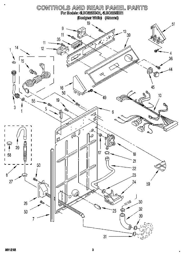 CONTROLS AND REAR PANEL Diagram and Parts List for 4LSC8255BN1  Whirlpool Washer