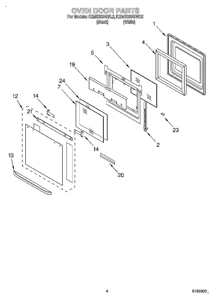 OVEN DOOR Diagram and Parts List for KEMS308GBL2  KitchenAid Microwave Oven Combo