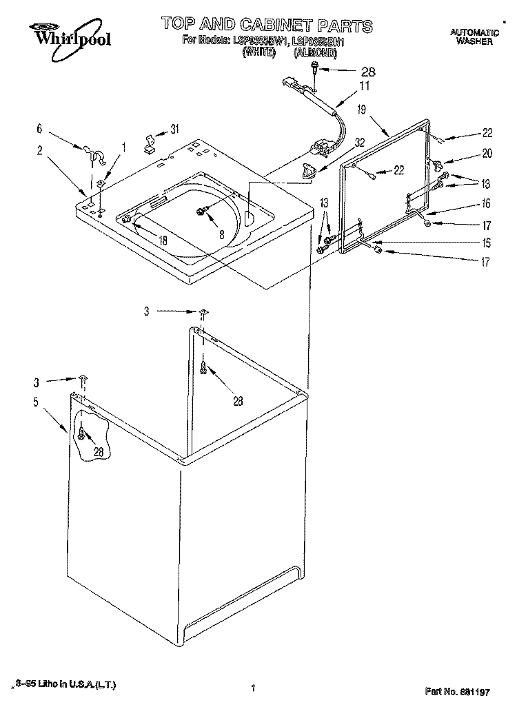 TOP AND CABINET, LIT/OPTIONAL Diagram and Parts List for LSP9355BN1  Whirlpool Washer