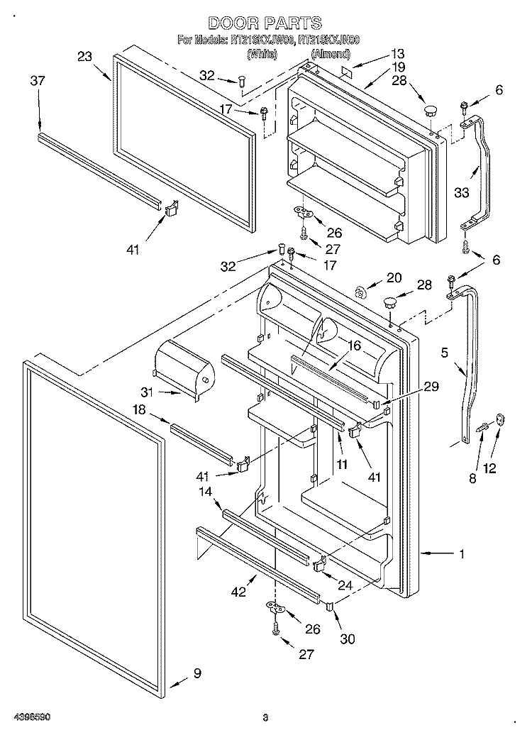 DOOR Diagram and Parts List for RT21SKXJN00  Roper Refrigerator