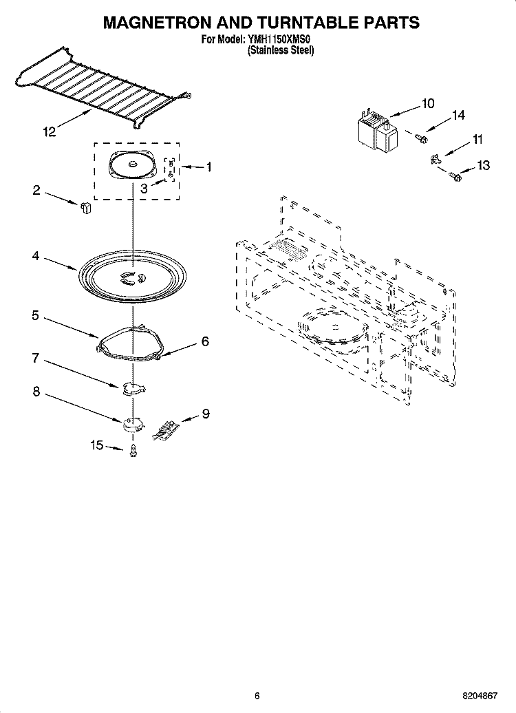 MAGNETRON AND TURNTABLE PARTS Diagram and Parts List for YMH1150XMS0  Whirlpool Microwave