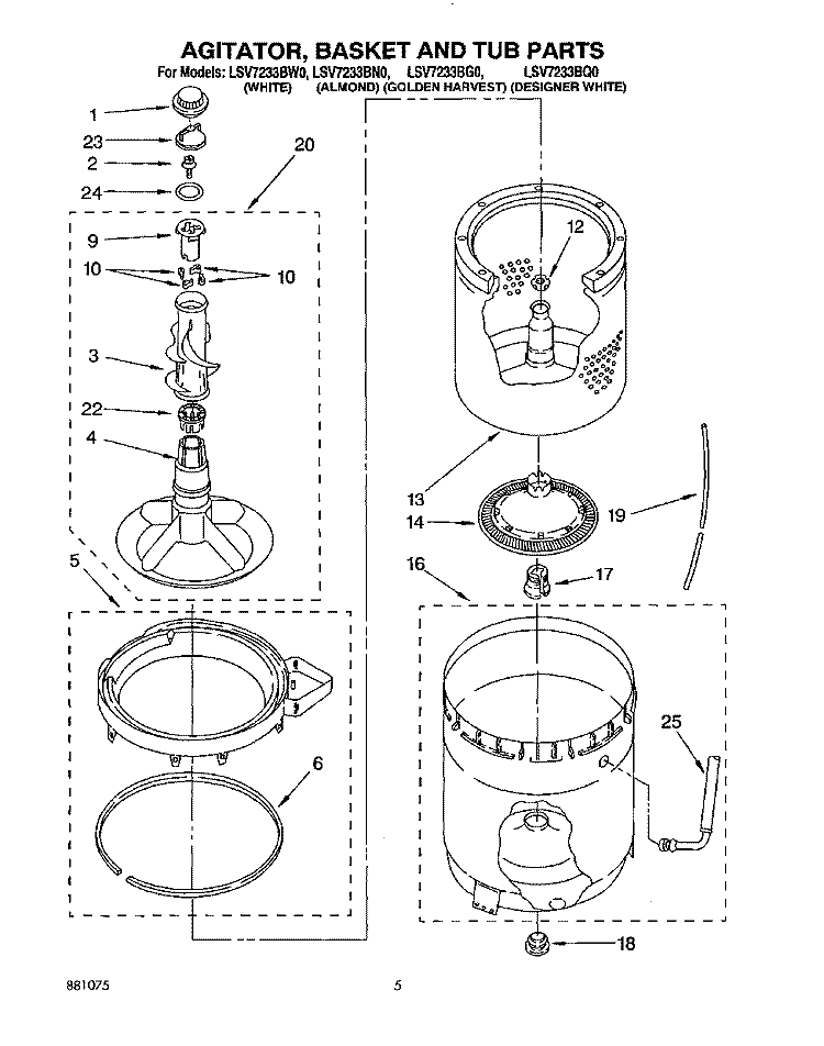 AGITATOR, BASKET AND TUB Diagram and Parts List for LSV7233BQ0  Whirlpool Washer
