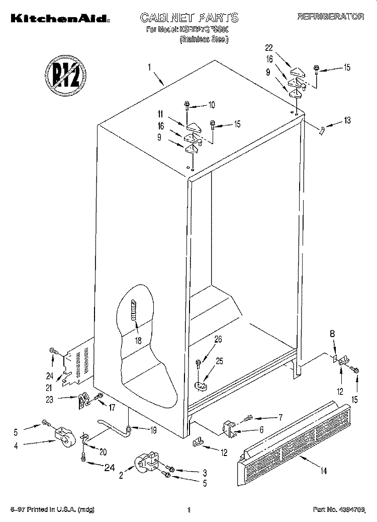 CABINET Diagram and Parts List for KSRB27QFSS00  KitchenAid Refrigerator