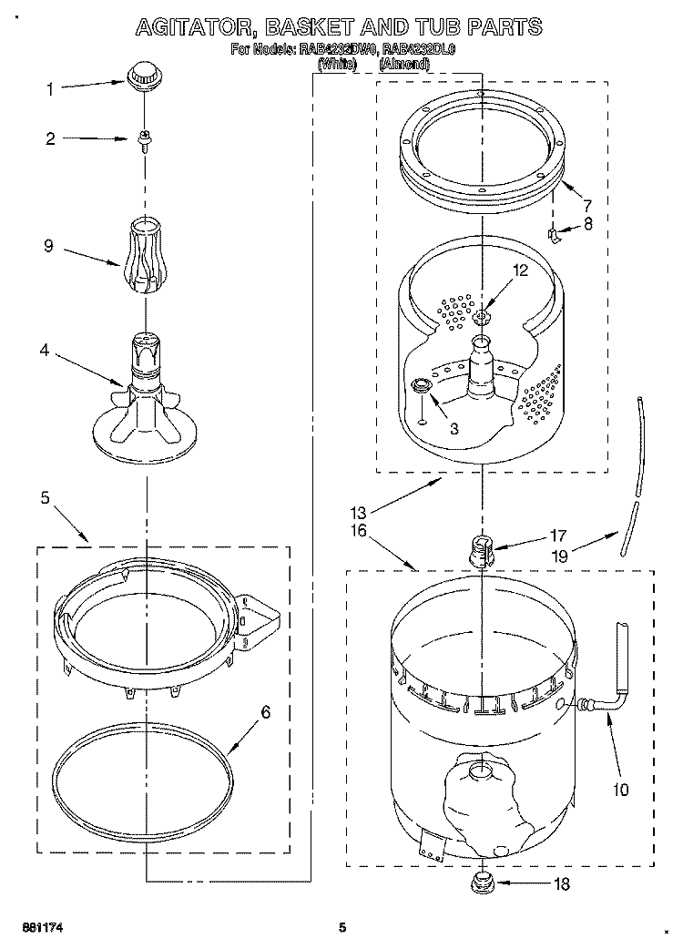 AGITATOR, BASKET AND TUB Diagram and Parts List for RAB4232DW0  Roper Washer