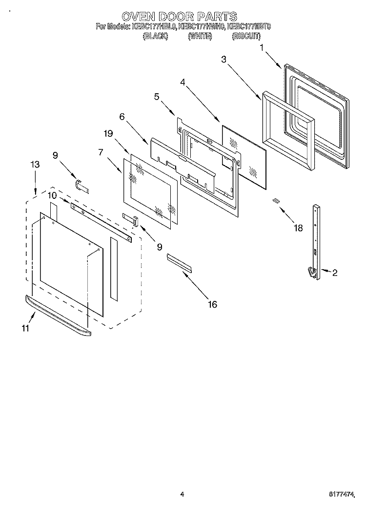 OVEN DOOR Diagram and Parts List for KEBC177HBL0  KitchenAid Wall Oven