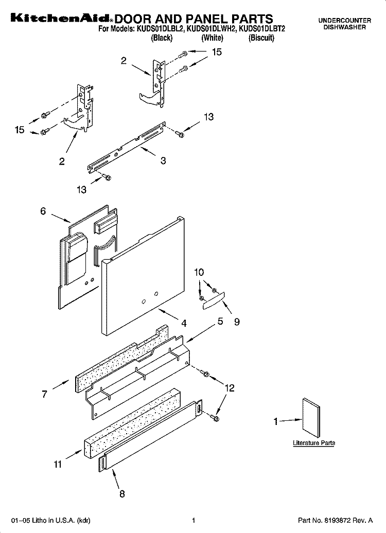 DOOR AND PANEL PARTS Diagram and Parts List for KUDS01DLBT2  KitchenAid Dishwasher
