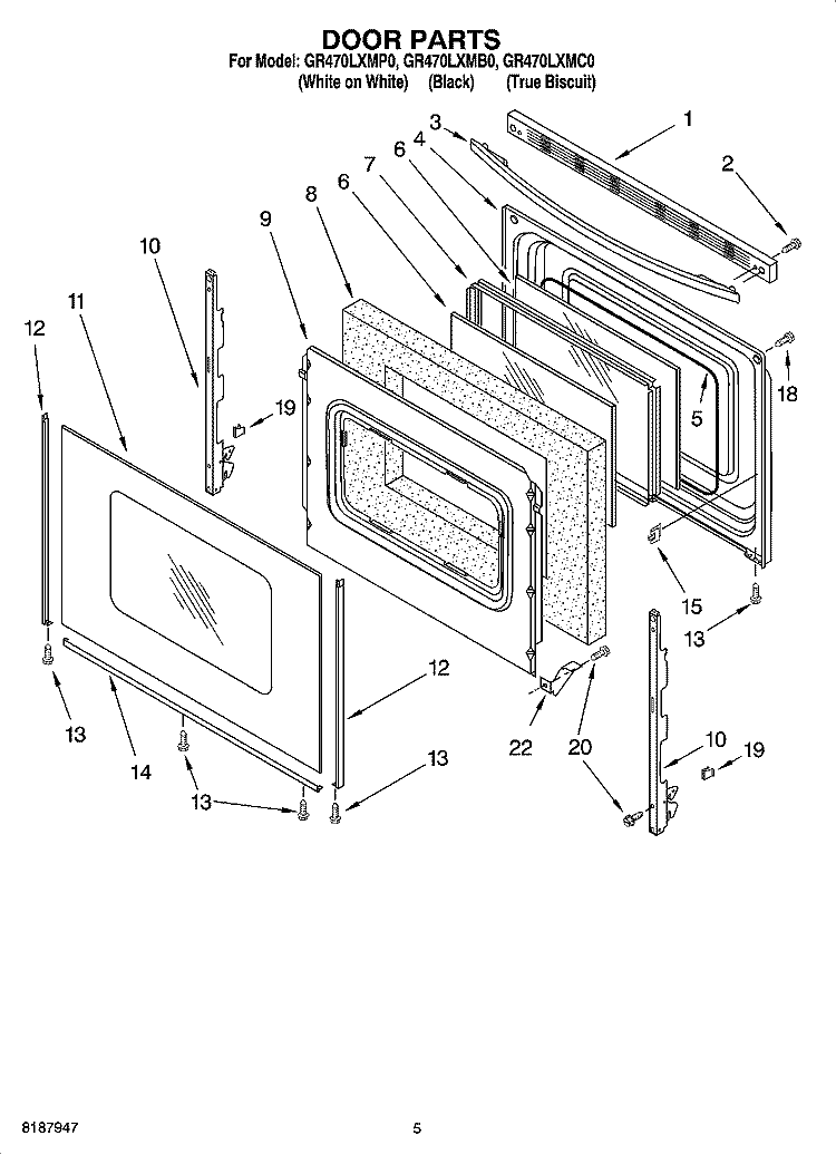 DOOR PARTS Diagram and Parts List for GR470LXMB0  Whirlpool Range