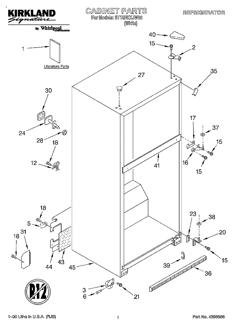 CABINET, LITERATURE Diagram and Parts List for ST18PKXJW00  Whirlpool Refrigerator