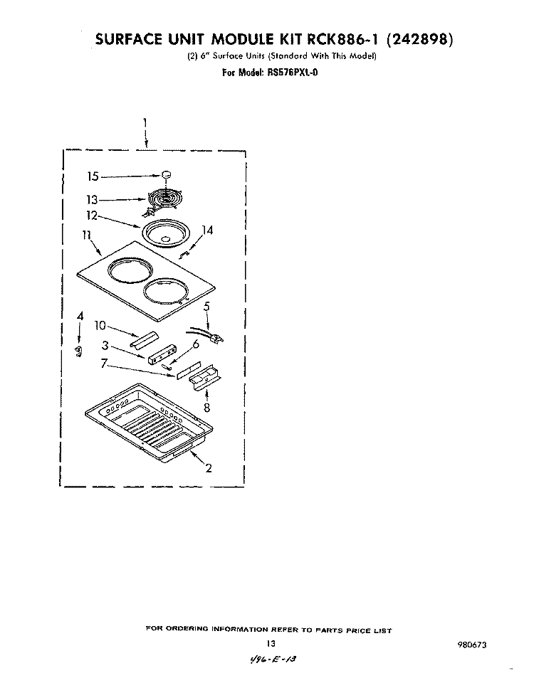 SURFACE UNIT RCK 886-1 (242898) Diagram and Parts List for RS576PXL0  Whirlpool Range