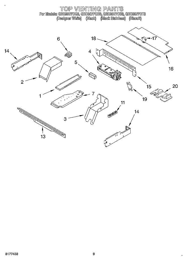 TOP VENTING Diagram and Parts List for GBD307PDB3  Whirlpool Wall Oven