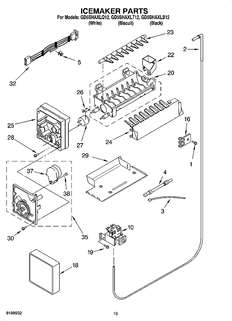 ICEMAKER PARTS Diagram and Parts List for GD5SHAXLT12  Whirlpool Refrigerator