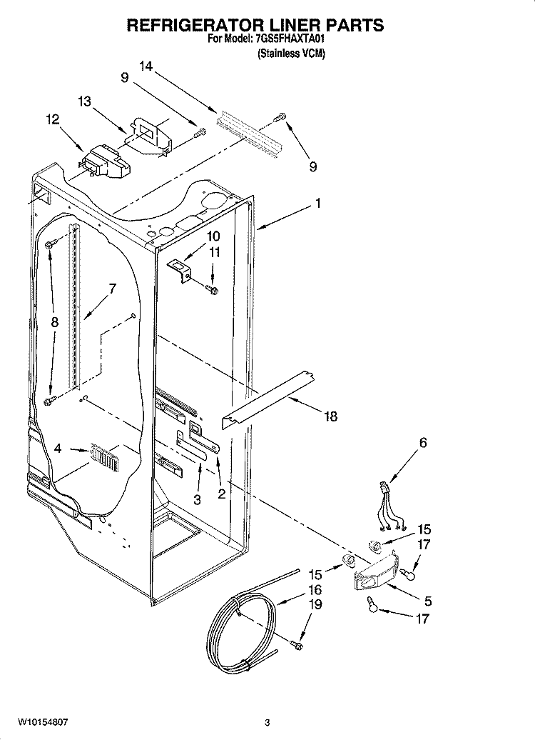 REFRIGERATOR LINER PARTS Diagram and Parts List for 7GS5FHAXTA01  Whirlpool Refrigerator