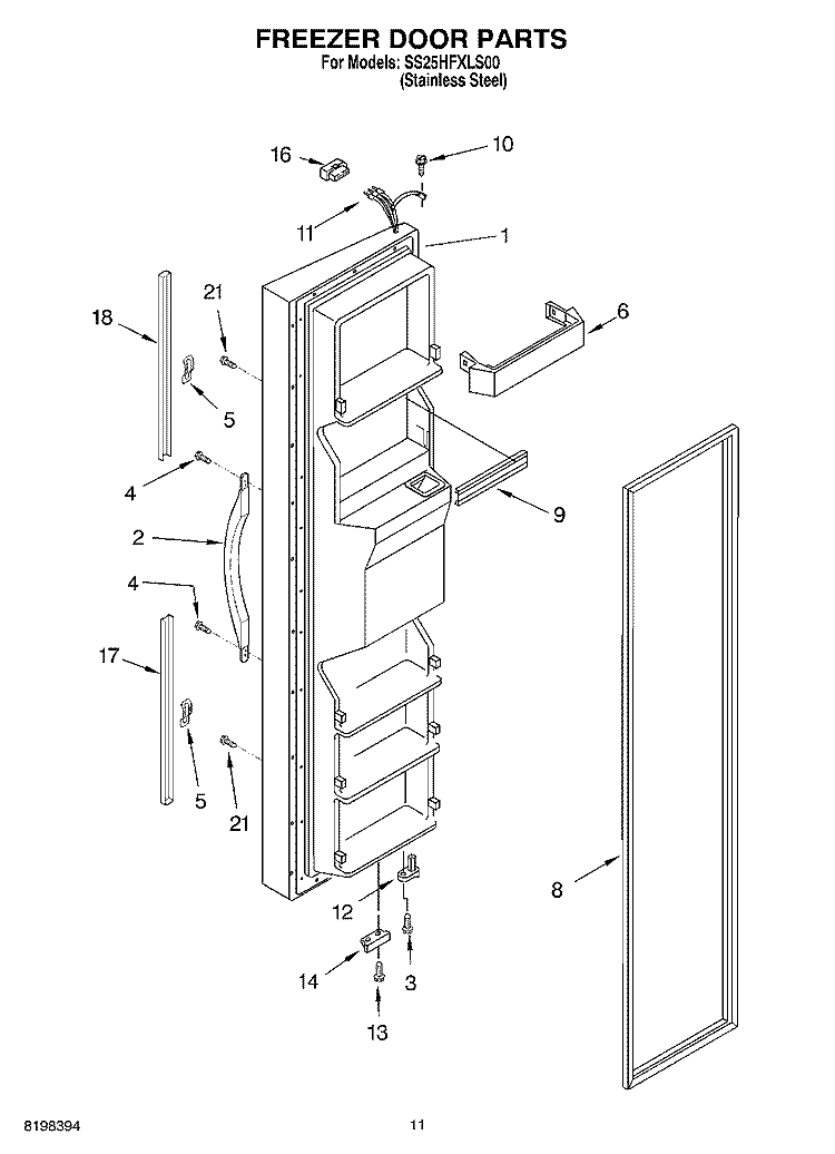FREEZER DOOR PARTS Diagram and Parts List for SS25HFXLS00  Whirlpool Refrigerator